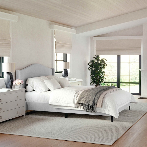 Martha Stewart Amelia Queen Upholstered Platform Bed w/Curved Headboard and Cushioned Siderails, Wood Slat, Gray TW-3WDB02B-Q-GY-MS - main